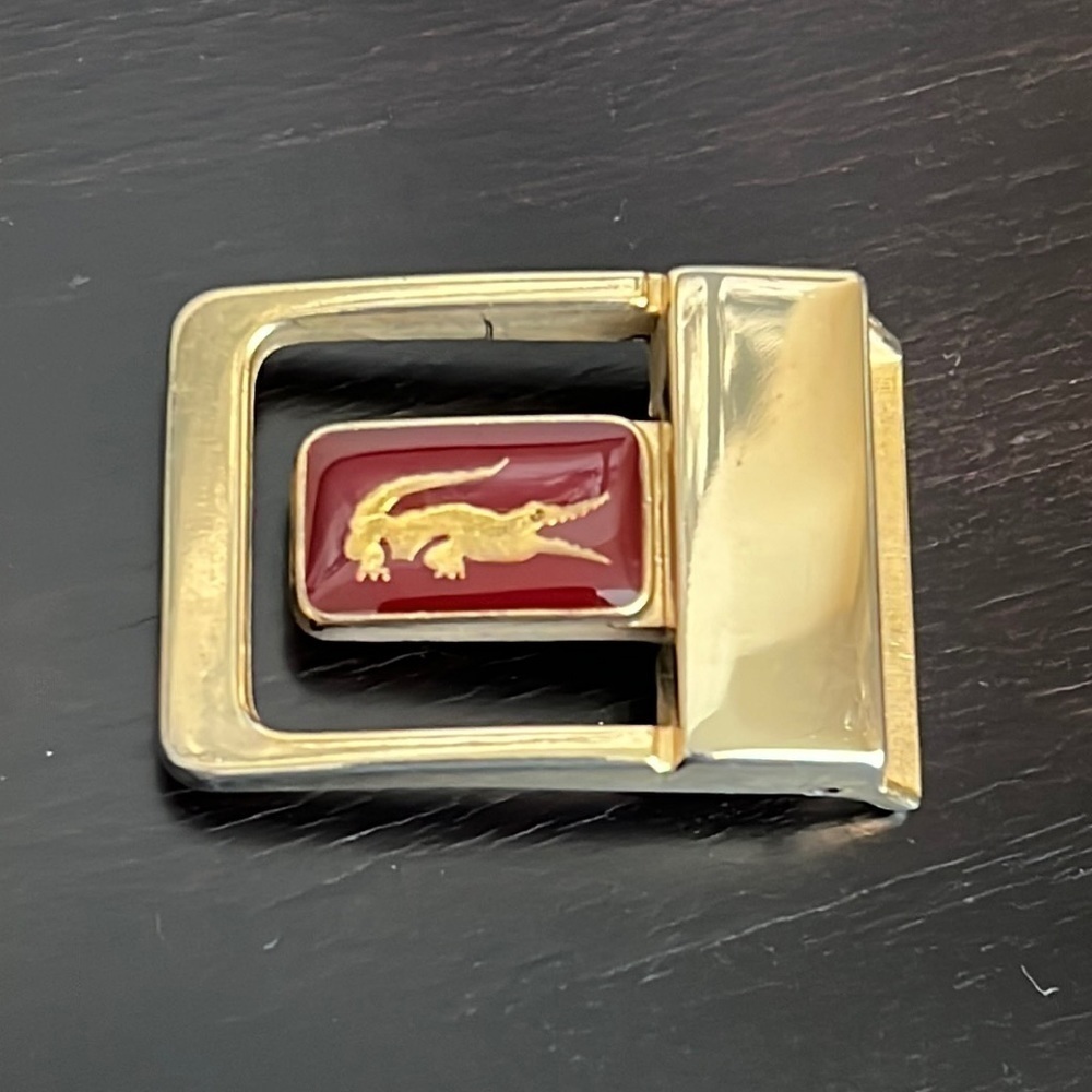 Taner vintage belt buckle Gold tone metal, enamel red with gold tone crocodile